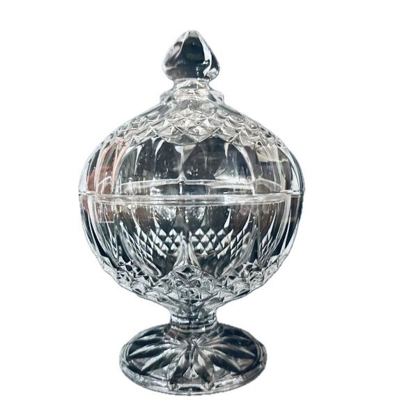 Longchamp Cut Crystal Footed Candy Dish w Lid Clear Geometric Pattern VTG '80s - Picture 2 of 9